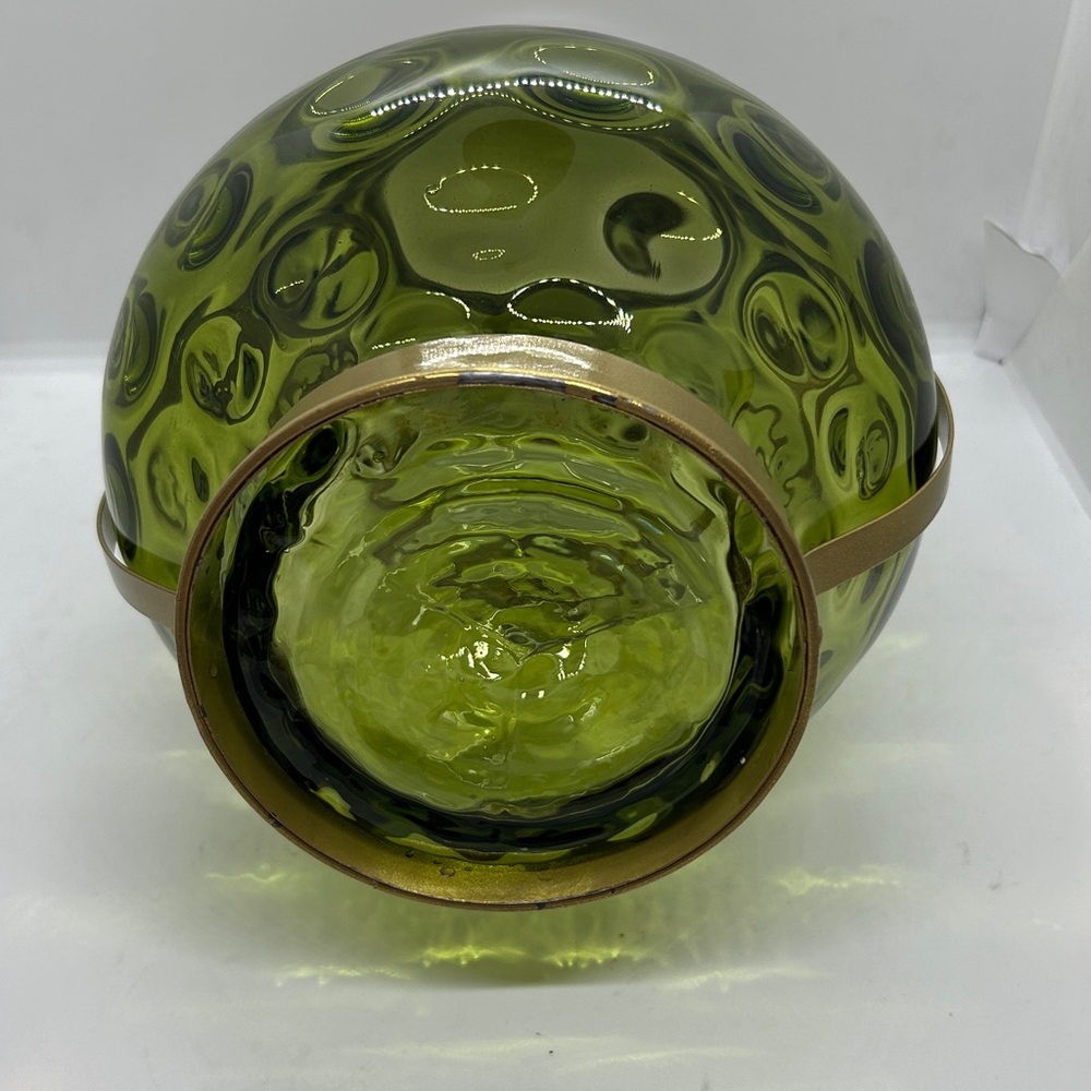 Green Glass With Gold Metal Handle Candle Holder 11” Decor - Picture 6 of 9